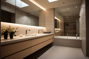 Fototapeta na wymiar Floating Vanity Bathroom Designs: Minimalist Approach with Arch Ceiling Design
