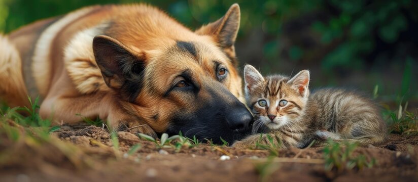dog and cat play together cat and dog lying outside in the yard kitten sucks dog breast milk dog and cat best friends love between animals. with copy space image. Place for adding text or design