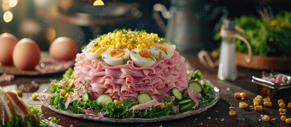 Poster Festive salad with ham cucumber boiled eggs sweet corn and mayonnaise on rustic. with copy space image. Place for adding text or design