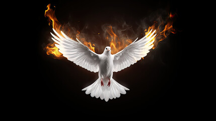 Flying white dove on fire. Isolated on dark background