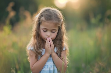 Child's sunset prayer in field
