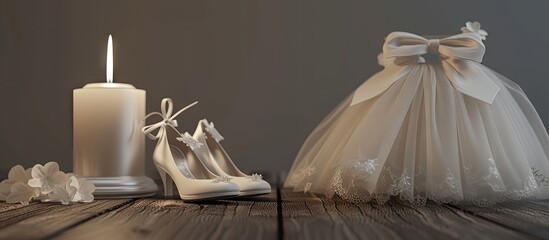 Dress shoes candle and christening with lettering Victoria s Baptism Memorial. with copy space image. Place for adding text or design