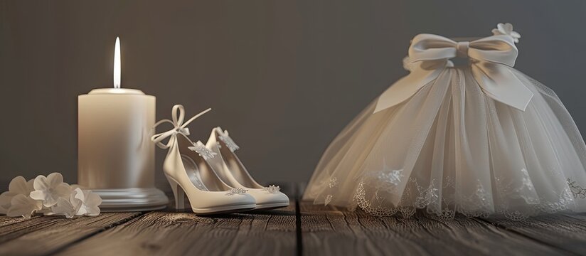 Dress shoes candle and christening with lettering Victoria s Baptism Memorial. with copy space image. Place for adding text or design