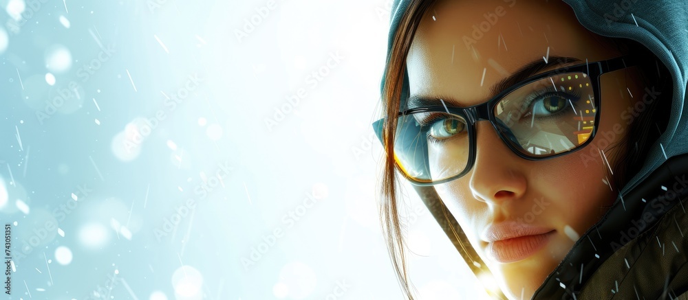Poster female hacker staring at the screen smiling sitting in front of computer and laptop thinking how to fraud. with copy space image. Place for adding text or design