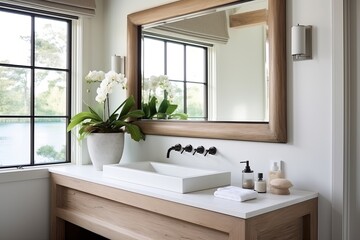 Fototapeta na wymiar Floating Vanity Bathroom Designs Coastal Style Wooden Frame Mirror Inspiration