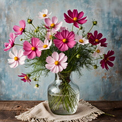 Bouquet of pink cosmos flowers in a vase on a wooden table