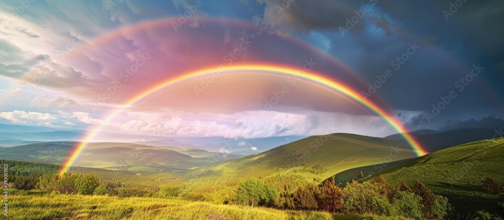 Poster double rainbow on a gray sky after rain a rare atmospheric phenomenon after a storm beautiful hilly 