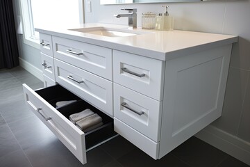 Fototapeta premium Floating Vanity Bathroom Designs: Elegant White Drawer Unit with Floor-Mounted Appeal