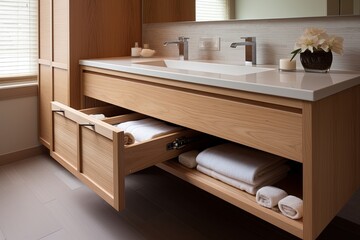 Fototapeta na wymiar Floating Vanity Bathroom Designs: Cozy Rug Beneath Wooden Unit
