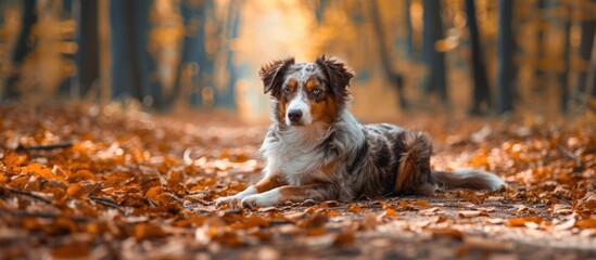 Handsome male Australian Shepherd posing lying down on the road in the forest. with copy space image. Place for adding text or design