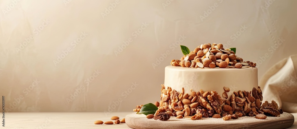 Poster French almond cake with nuts. with copy space image. Place for adding text or design
