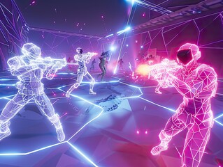 3D wireframe battle arena players dueling with energy weapons dynamic lighting