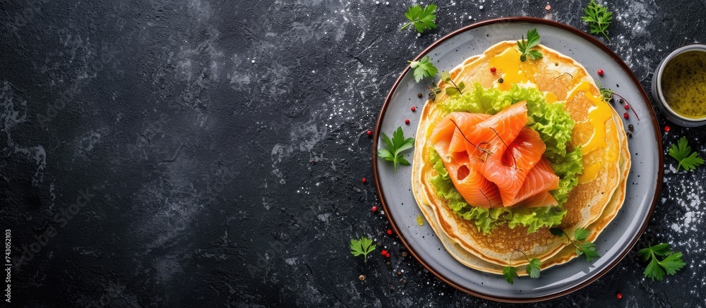 Aufkleber Mini blini pancakes with soft cheese cold smoked salmon and guacamole. with copy space image. Place for adding text or design