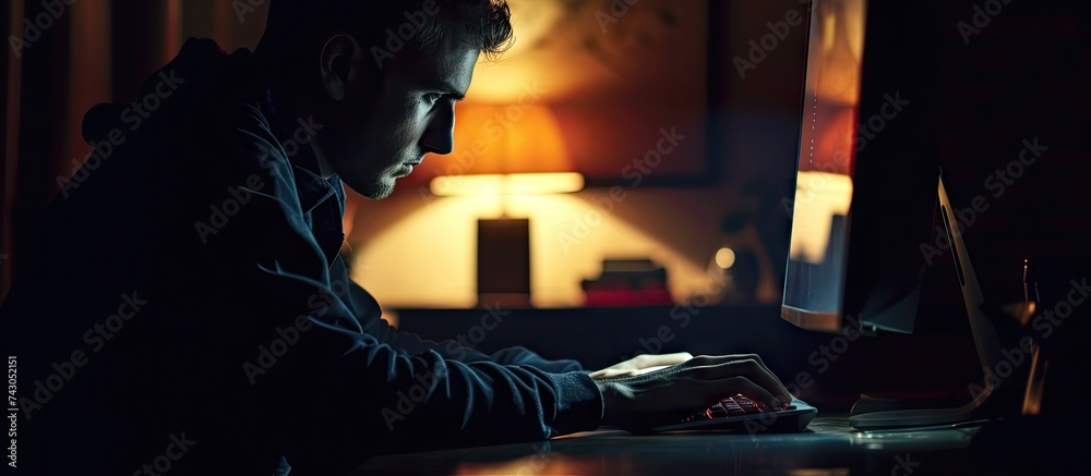 Leinwandbilder Computer spy Side view of young man typing and looking at computer monitor while sitting at the table in dark room. with copy space image. Place for adding text or design