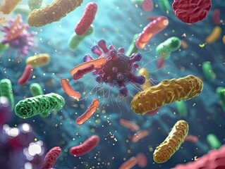 A 3D representation of beneficial bacteria interacting with essential micronutrients - obrazy, fototapety, plakaty