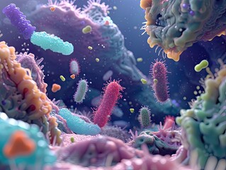 A 3D representation of beneficial bacteria interacting with essential micronutrients - obrazy, fototapety, plakaty