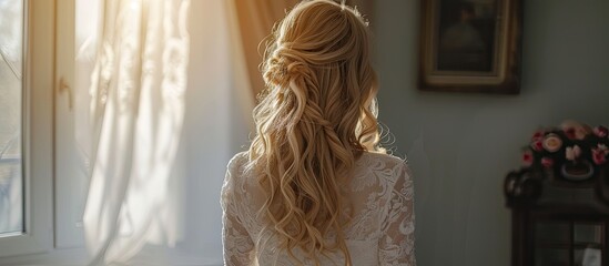 A blonde woman with long hair is standing in front of a window. She is wearing a white bridal dress.