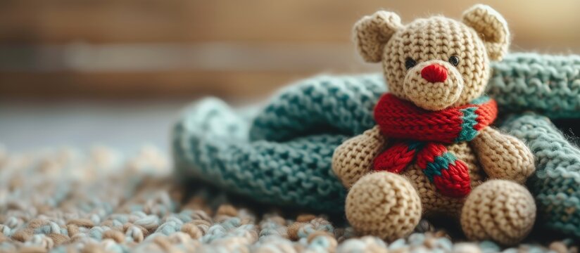 Soft handmade knitted toys at a fair for children close up. with copy space image. Place for adding text or design