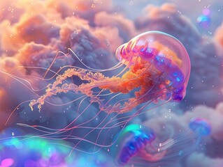 A unique three-dimensional rendering of a jellyfish effortlessly floating through an ethereal colorful galaxy - obrazy, fototapety, plakaty
