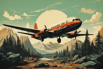 a painting of an airplane flying over a mountain range - Powered by Adobe