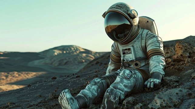 Alien creature in a custom spacesuit exploring a barren moon low gravity