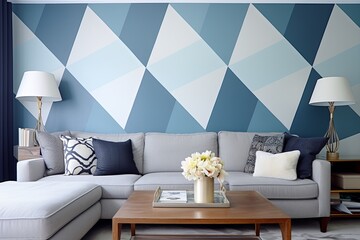 Blue Geometric Accent Wall Ideas for Coastal Living Room with Unique Patterns
