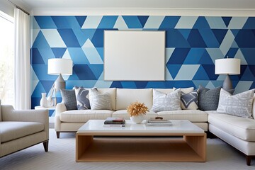 Blue Geometric Accent Wall Ideas for Coastal Living Room with Captivating Patterns