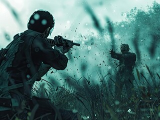 Depict a poignant scene in 3D rendering of a brave hero aiming at a terrifying zombie