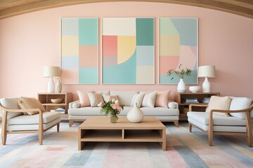Pastel Coastal Villa Living Room: Geometric Accent Wall Ideas in Serene Tones