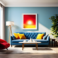 Interior of modern living room. 3d illustration. Red wall with a bright yellow sun
