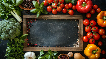 Big set organic food. Fresh raw vegetables on black chalkboard. - 743053545