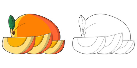 Cute Mango Colouring Page for Kids, Outlined version and Clip Art showing coloured in example