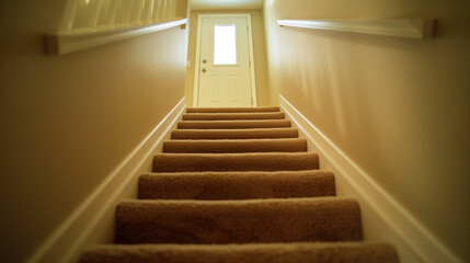Carpeted Staircase Leading to a Bright Doorway in a Cozy Home.