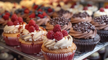 Assortment of delicious cupcakes with cream and raspberries on wooden table