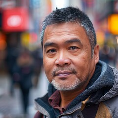 Fototapeta premium Street Realities: Close-Up Shot Depicts the Struggles of an Asian Man Living in Poverty on Busy Urban Street