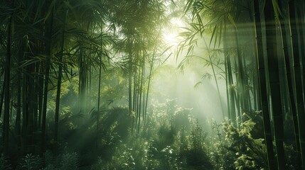 A dense bamboo forest with sun rays peeking through