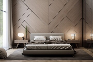 Fototapeta na wymiar Geometric Nordic Minimalist Bedroom Design: Creative Accent Wall Ideas