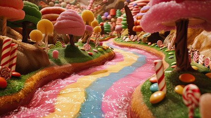 A whimsical candy land with chocolate rivers and gumdrop trees