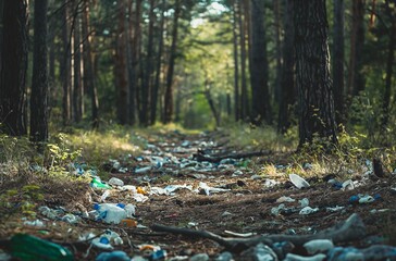 Forest path with litter - obrazy, fototapety, plakaty