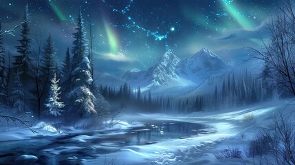 Tranquil snowy landscape beneath the Northern Lights