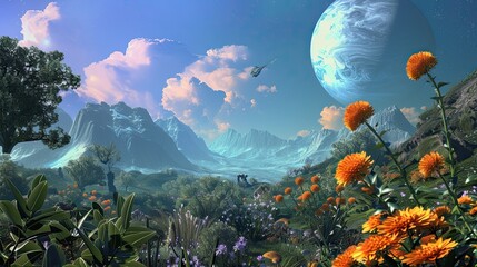 Visualize an alien planet landscape with bizarre flora and fauna existing beneath an electric blue sky with two suns