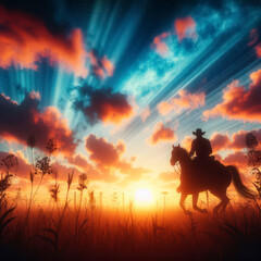 A solitary cowboy riding off into the sunset