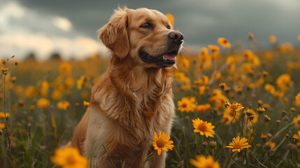 Dog on spring medow flowers at sunset - 743055170
