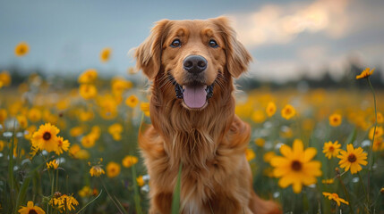 Dog on spring medow flowers at sunset - 743055361