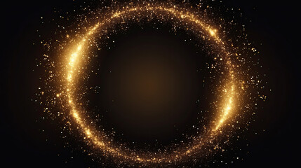 Gold glitter circle of light shine sparkles and golden spark particles in circle frame on black background