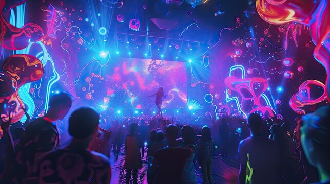 A strikingly unique representation of a high-energy visual concert filled with playful neon elements intended for a 3D animators canvas