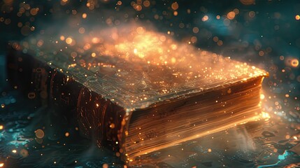A close-up portrayal of a magically floating book resonating a captivating aura bordered by a uniquely intriguing background - a fusion of illustrators finesse and 3D animation magic