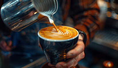 a man person making latte art in a cup of coffee. - 743055971