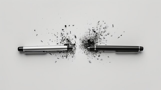 Deconstructed pen with scattered pieces and ink splatter, signifying deconstruction or analysis