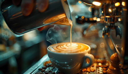 a man person making latte art in a cup of coffee. - obrazy, fototapety, plakaty